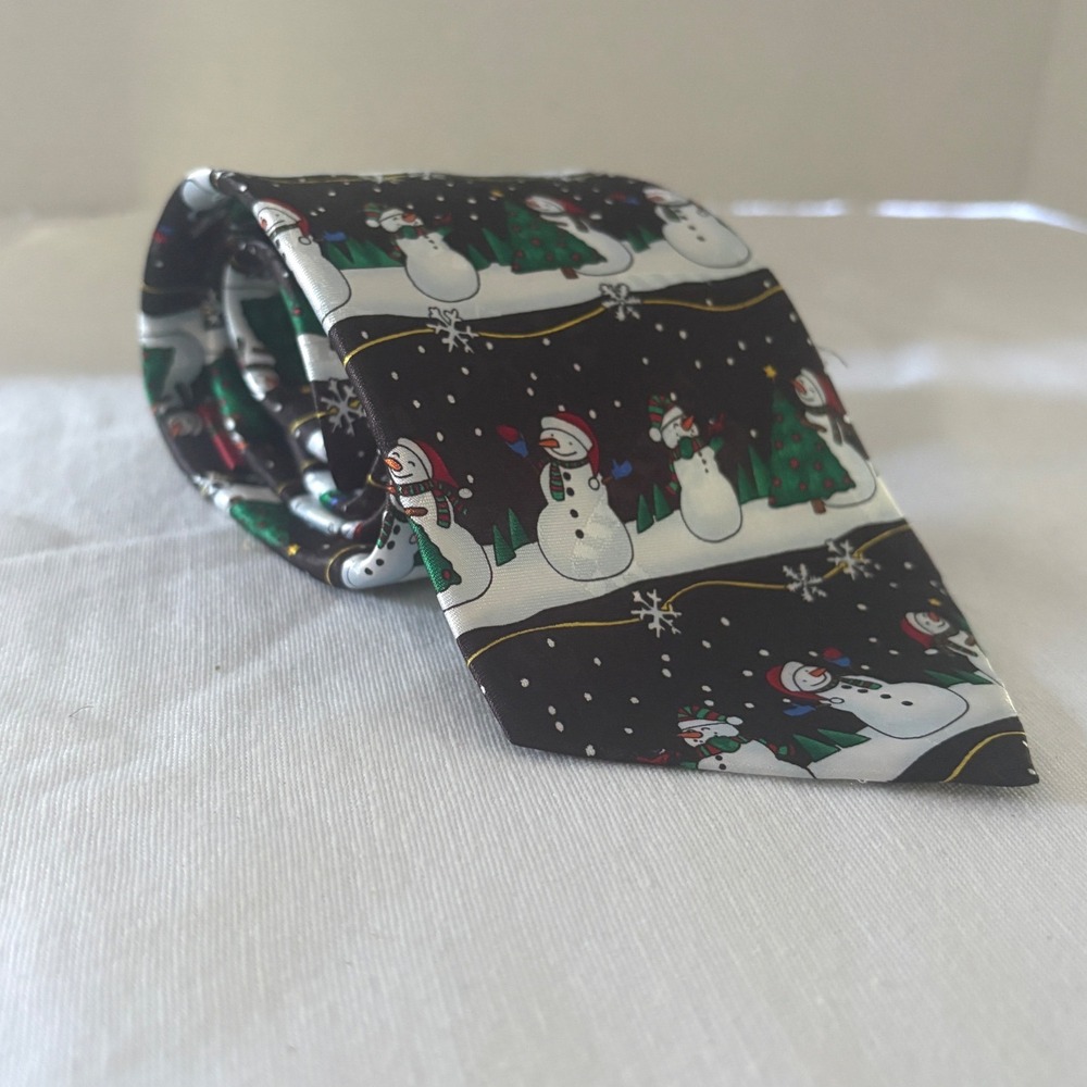 Yule Tie Greetings Hallmark Snowman Christmas Tree Black Silk Feel Mens Necktie